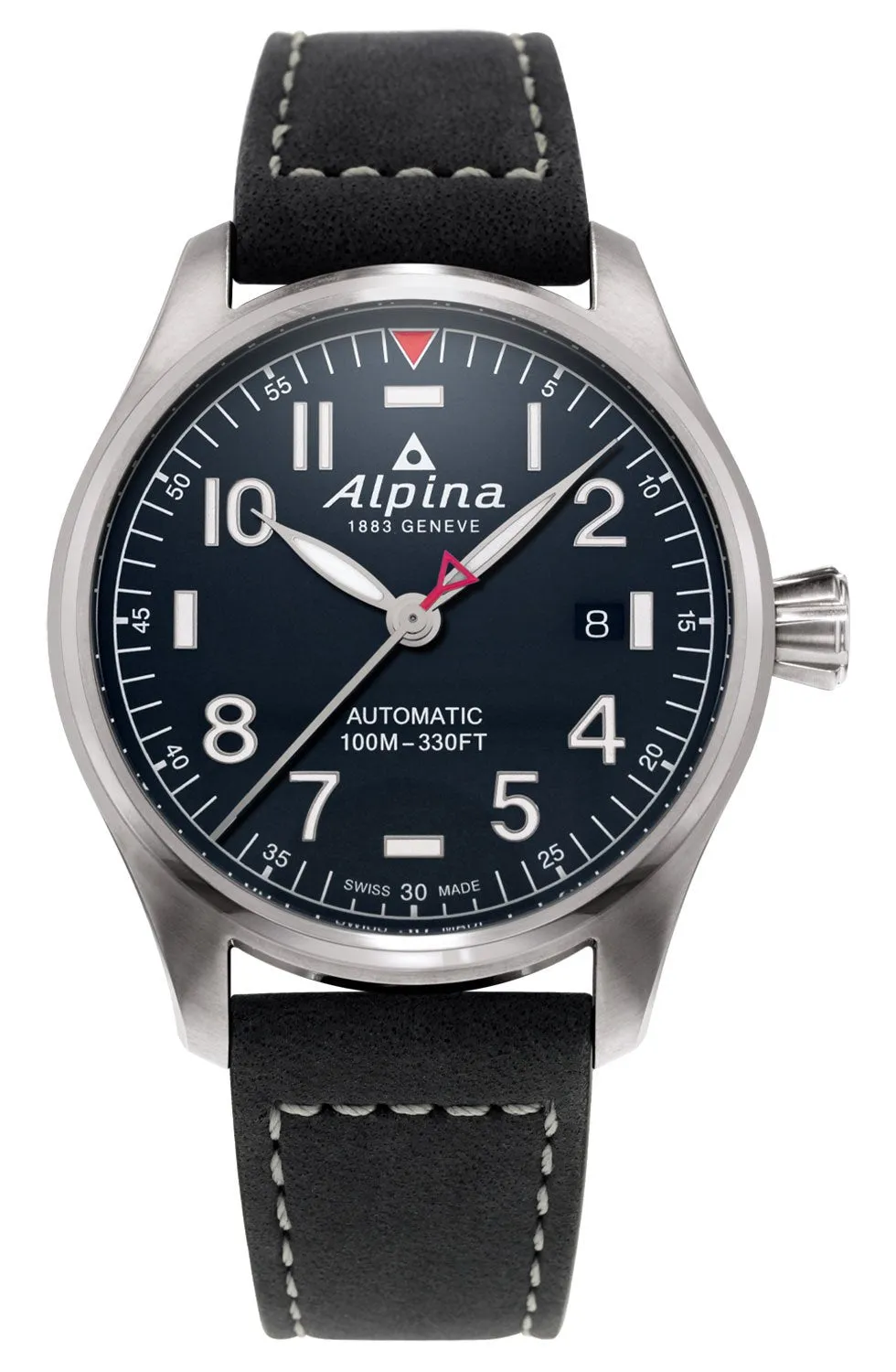 Alpina Startimer Pilot Automatic Stainless Steel Black Leather Strap Blue Dial Date Mens Watch AL-525NN3S6