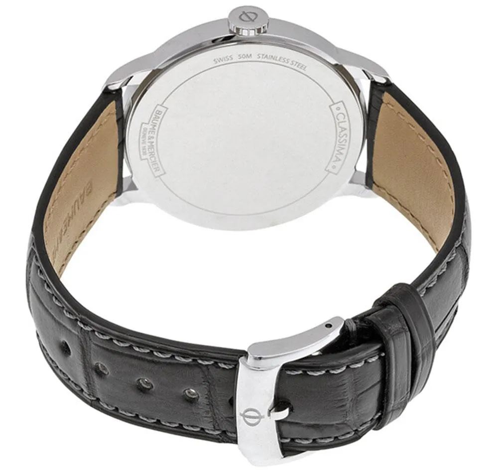 Baume & Mercier Classima White Dial Black Leather Strap Moonphase Date Quartz Mens Watch MOA10219
