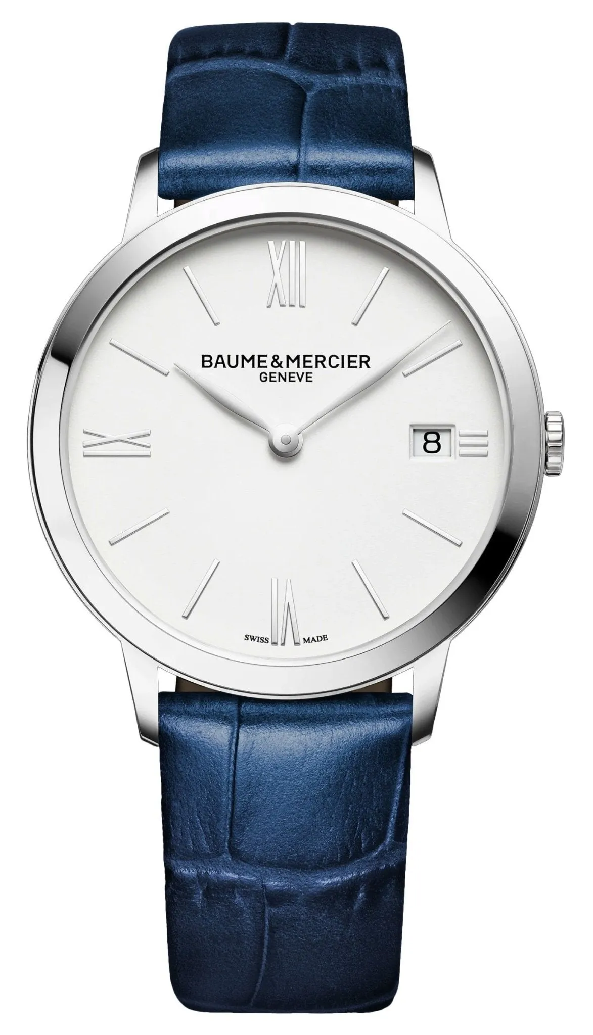 Baume & Mercier Classima White Dial Blue Leather Strap Date Quartz Womens Watch M0A10355