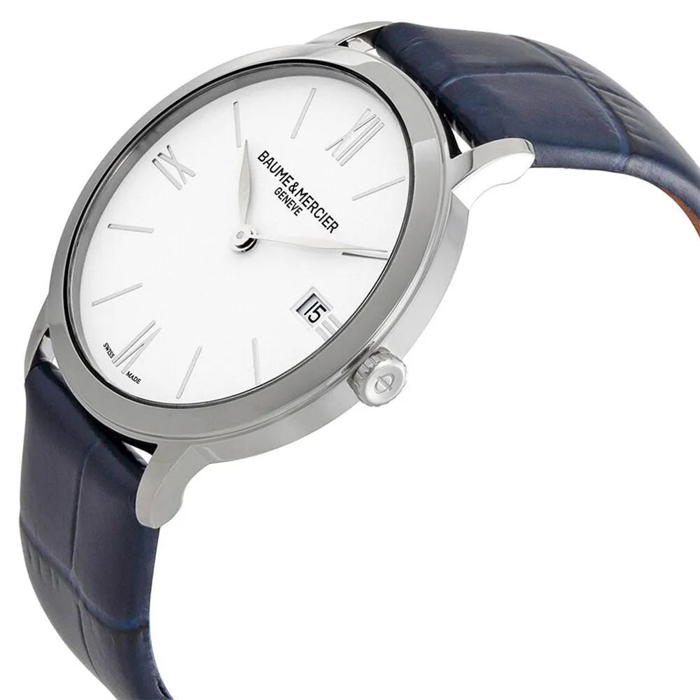 Baume & Mercier Classima White Dial Blue Leather Strap Date Quartz Womens Watch M0A10355