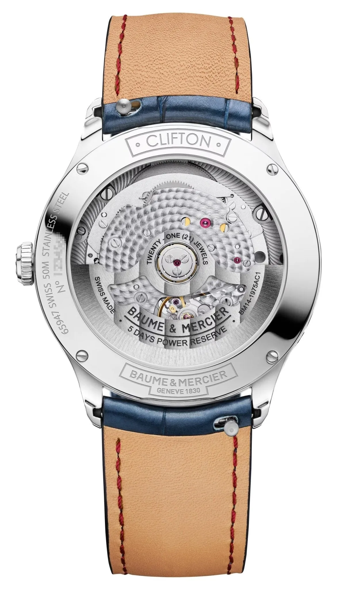 Baume & Mercier Clifton Baumatic Automatic Stainless Steel Blue Dial Blue Leather Strap Moonphase Date Mens Watch M0A10756