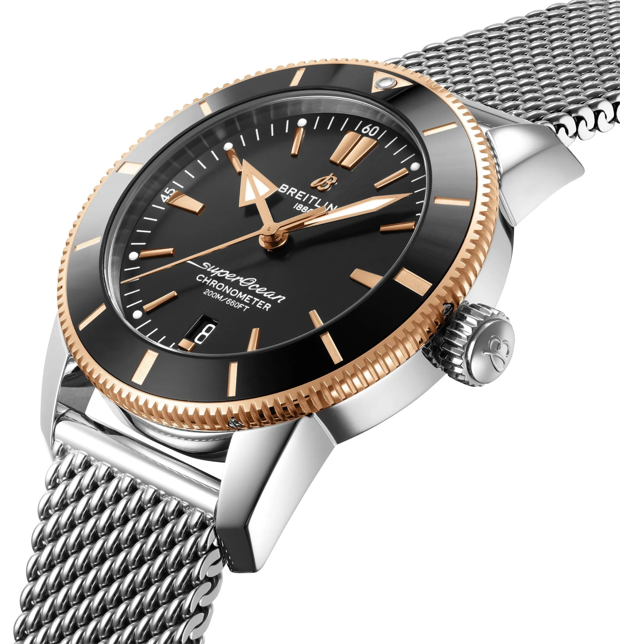 Breitling Superocean Heritage Automatic Chronometer Stainless Steel & 18k Rose Gold Black Dial Date Divers Mens Watch UB2030121B1A1