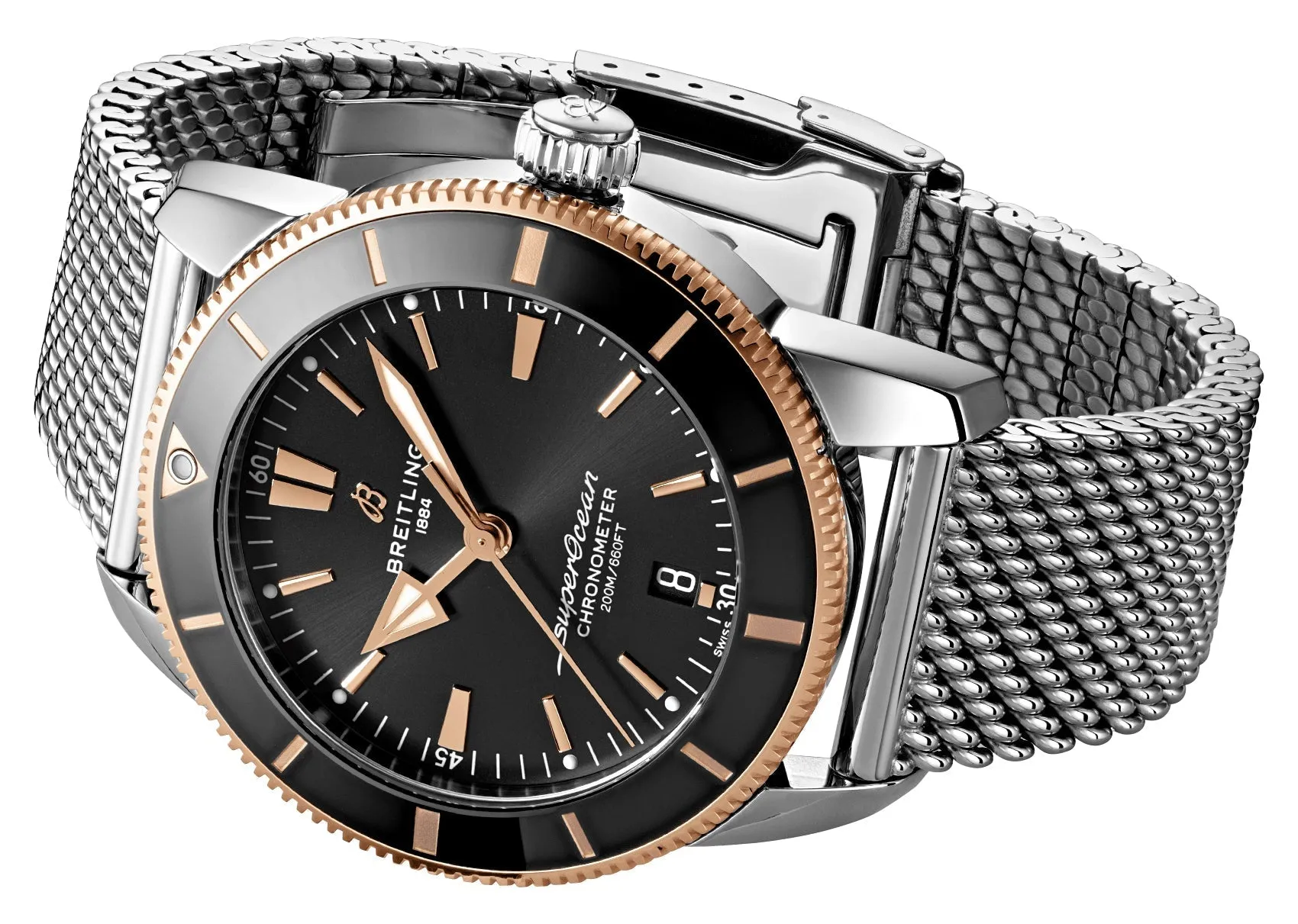 Breitling Superocean Heritage Automatic Chronometer Stainless Steel & 18k Rose Gold Black Dial Date Divers Mens Watch UB2030121B1A1