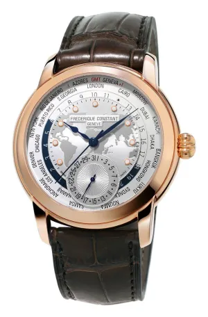 Frederique Constant Classic Worldtimer Manufacture Rose Gold Tone Steel Automatic Silver Dial Brown Leather Strap Mens Watch FC-718WM4H4