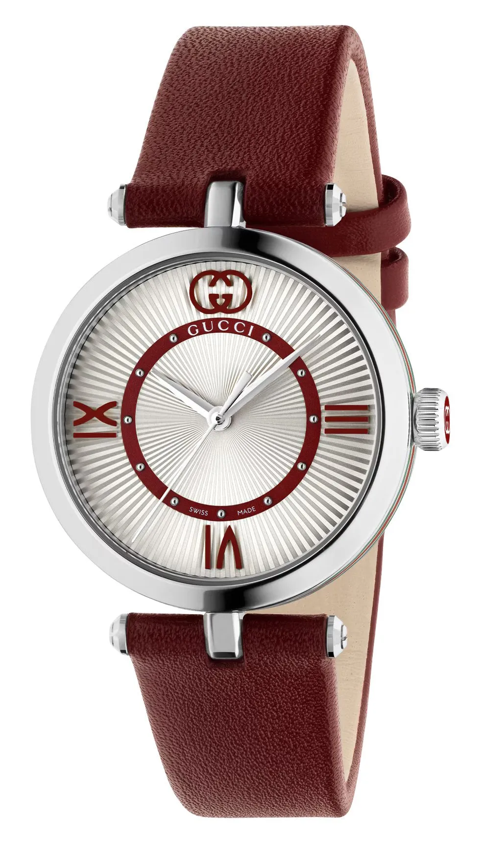 Gucci Model 2000 Stainless Steel Silver Dial Red Leather Strap Quartz Womens Watch YA167508
