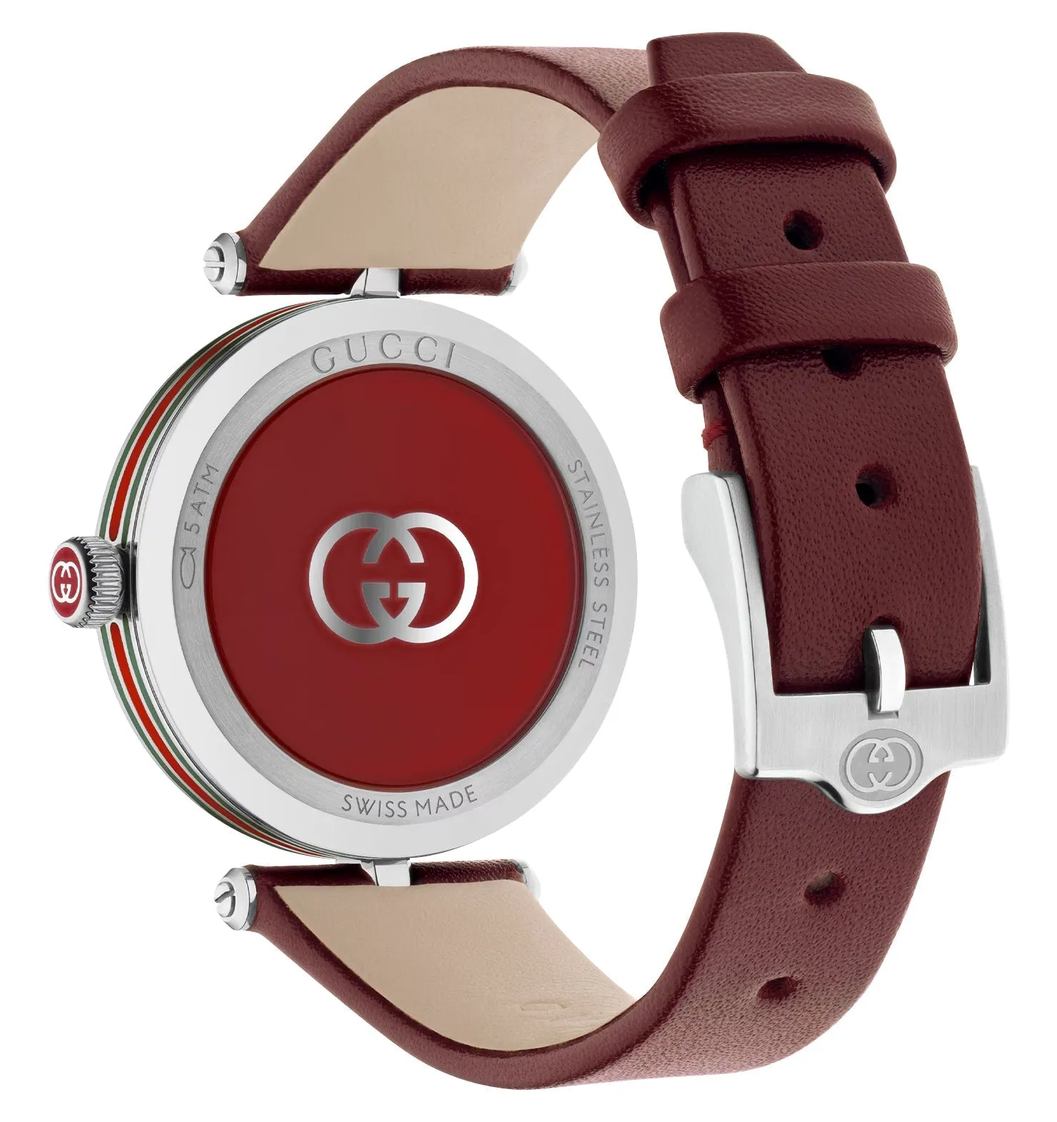 Gucci Model 2000 Stainless Steel Silver Dial Red Leather Strap Quartz Womens Watch YA167508