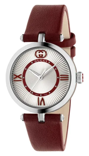 Gucci Model 2000 Stainless Steel Silver Dial Red Leather Strap Quartz Womens Watch YA167508