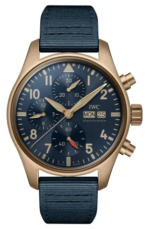 IWC Pilot's Automatic Chronograph Bronze Blue Dial Blue Textile Strap Day/Date Mens Watch IW388109