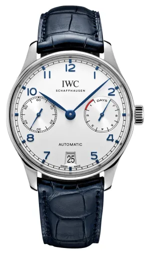 IWC Portugieser Automatic Stainless Steel Silver-Tone Dial Blue Leather Strap Date Mens Watch IW500705