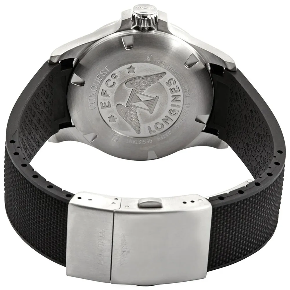 Longines Conquest V.H.P. Stainless Steel Black Dial Black Rubber Strap Perpetual Calendar Date Quartz Mens Watch L3.726.4.56.9