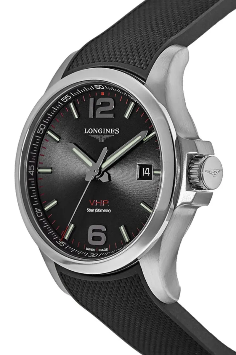 Longines Conquest V.H.P. Stainless Steel Black Dial Black Rubber Strap Perpetual Calendar Date Quartz Mens Watch L3.726.4.56.9