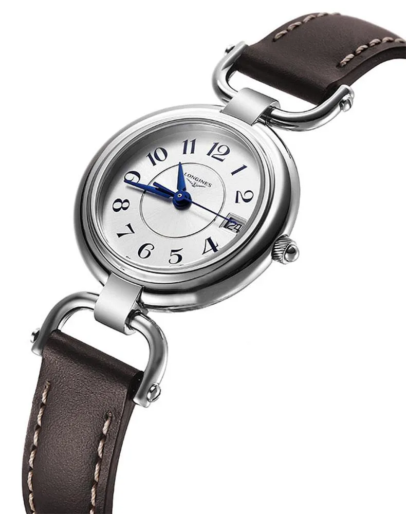 Longines Equestrian Stainless Steel Brown Leather Strap Silver-Tone Dial Date Quartz Womens Watch L6.130.4.73.2