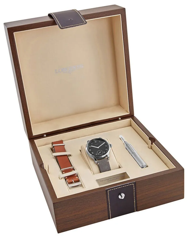 Longines Heritage Military 1938 Limited Edition Mechanical Hand-Wind Stainless Steel Black Dial Gray/Brown Interchangeable Leather Strap Mens Watch L2.826.4.53.2