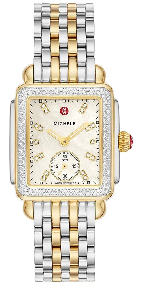 Michele Deco Mid Two-Tone Steel Diamond Mother of Pearl Dial Rectangle Womens Watch MWW06V000123