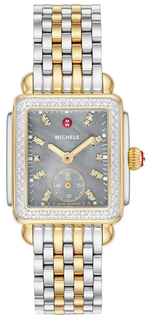 Michele Deco Mid Two-Tone Steel Diamonds Gray Mother-of-Pearl Dial Rectangle Womens Watch MWW06V000132