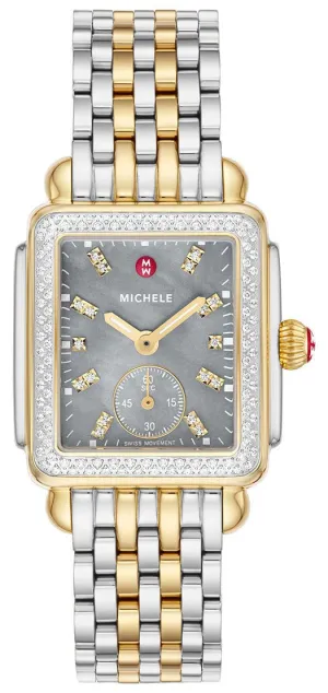 Michele Deco Mid Two-Tone Steel Diamonds Gray Mother-of-Pearl Dial Rectangle Womens Watch MWW06V000132