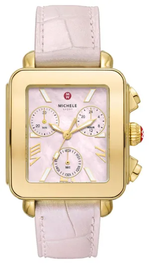 Michele Deco Sport Chronograph Pink Mother-of-Pearl Rectangle Dial Pink Leather Women's Watch MWW06K000068