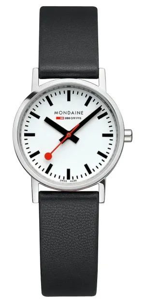 Mondaine Classic Stainless Steel White Dial Black Vegan Leather Strap Quartz Womens Watch A658.30323.11SBB