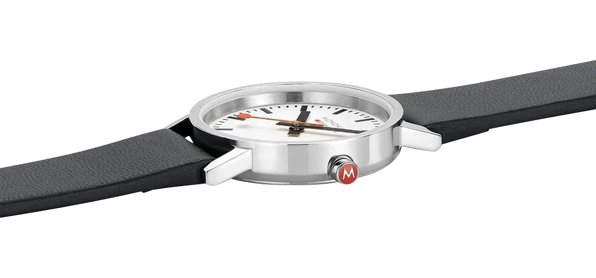 Mondaine Classic Stainless Steel White Dial Black Vegan Leather Strap Quartz Womens Watch A658.30323.11SBB