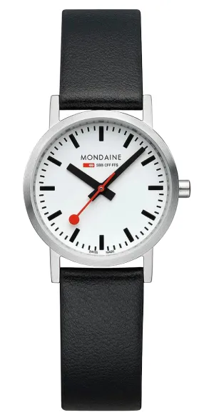 Mondaine Classic Stainless Steel White Dial Black Vegan Leather Strap Quartz Womens Watch A658.30323.16SBB
