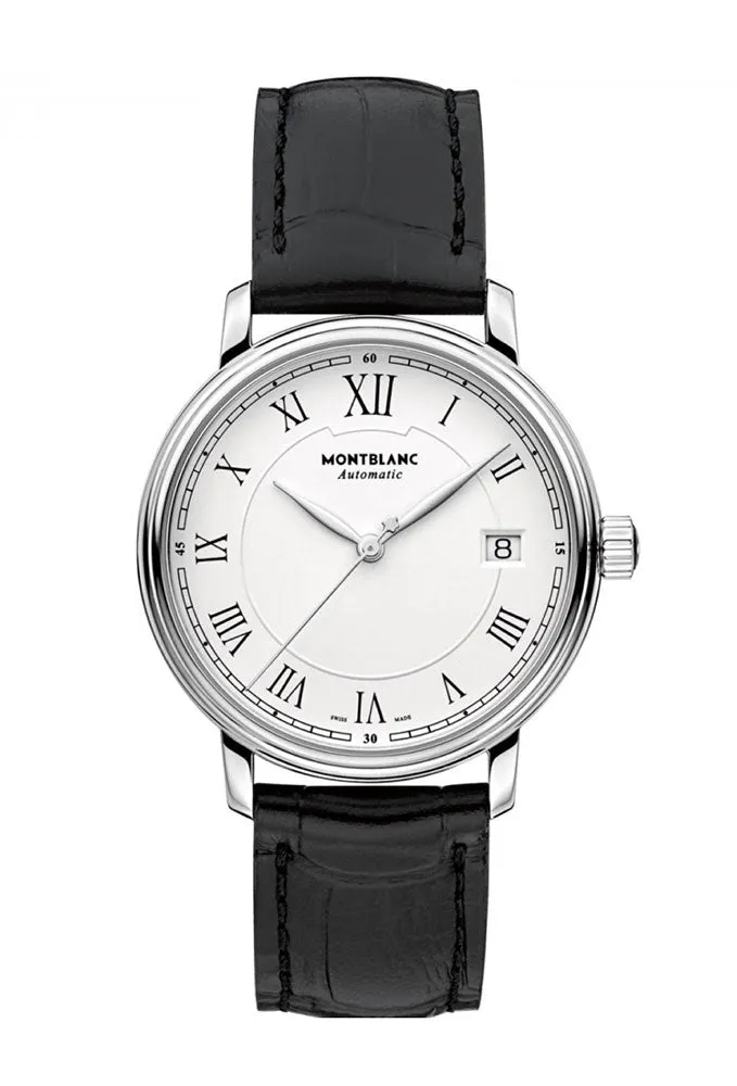 Montblanc Tradition White Dial Date Black Leather Strap Automatic Mens Watch 112609