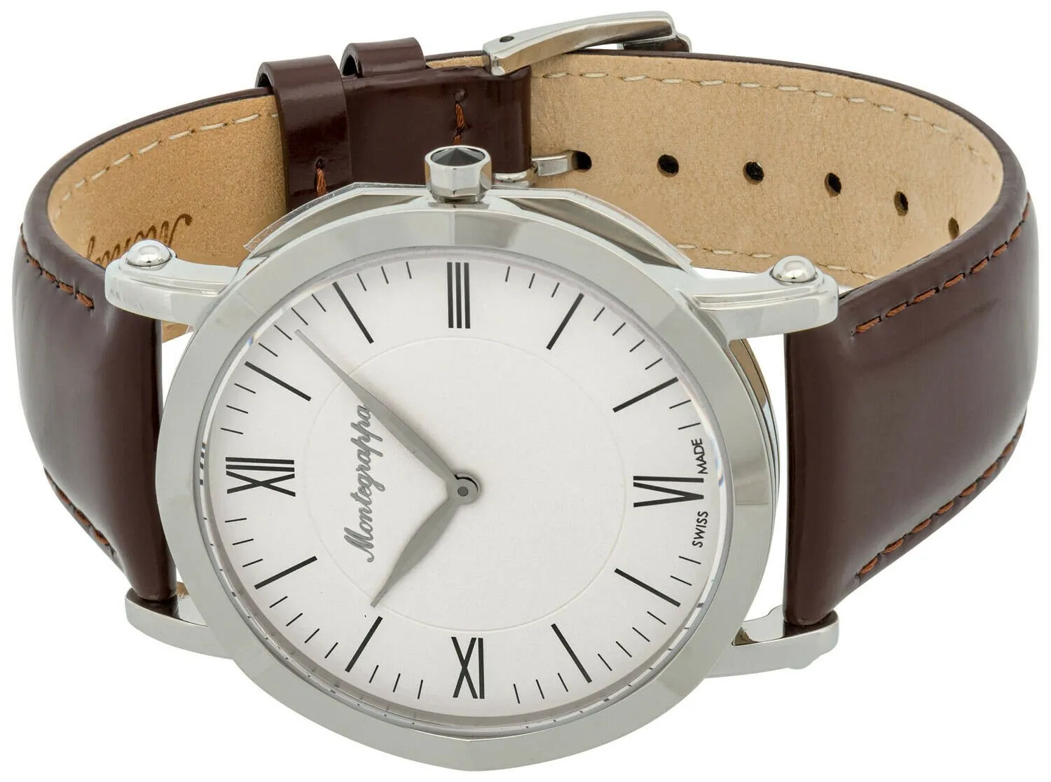 Montegrappa Nerouno Slim White Dial Brown Leather Strap Quartz Men's Watch IDNMWAIW