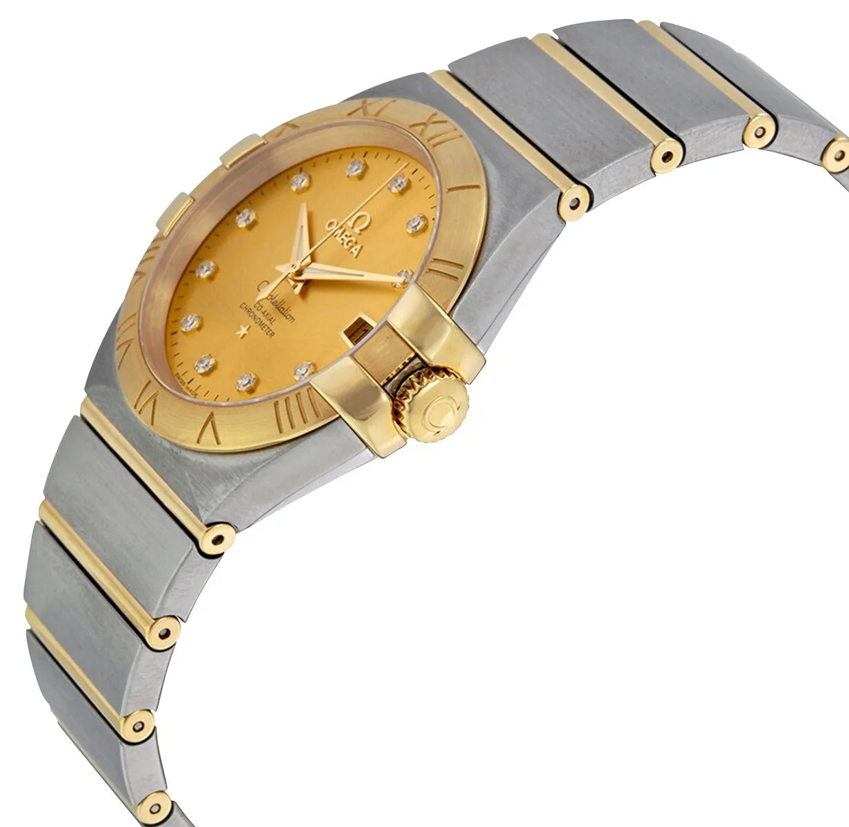 Omega Constellation Automatic Chronometer Stainless Steel & 18K Yellow Gold Champagne Dial Diamonds Date Unisex Watch 123.20.35.20.58.001