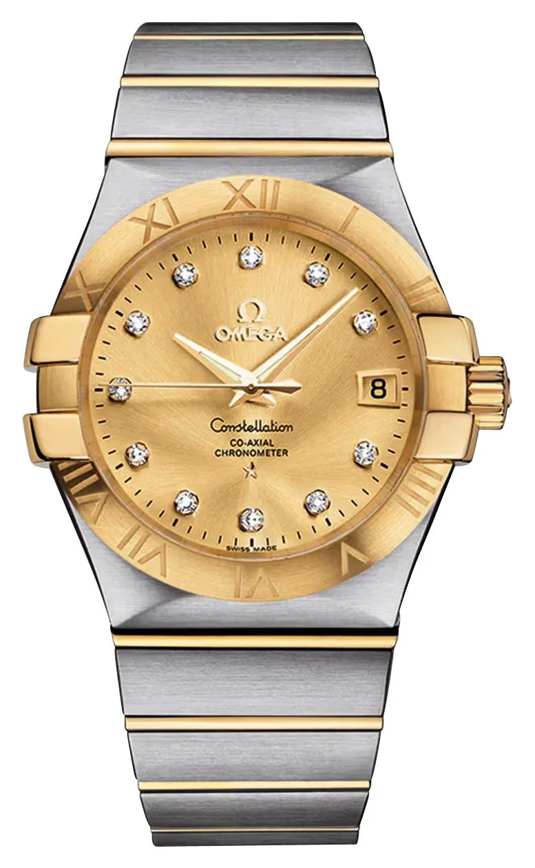 Omega Constellation Automatic Chronometer Stainless Steel & 18K Yellow Gold Champagne Dial Diamonds Date Unisex Watch 123.20.35.20.58.001
