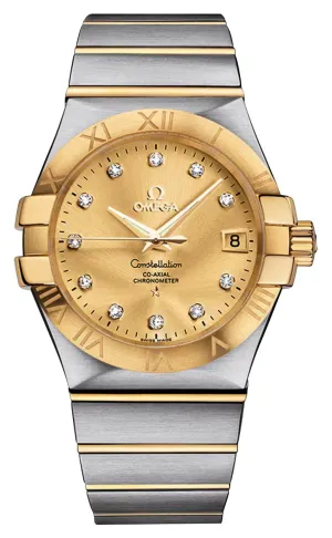 Omega Constellation Automatic Chronometer Stainless Steel & 18K Yellow Gold Champagne Dial Diamonds Date Unisex Watch 123.20.35.20.58.001