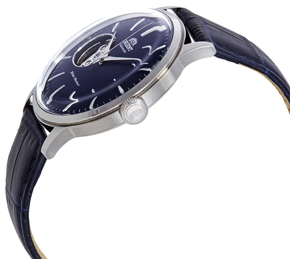 Orient Contemporary Classic Automatic Open Heart Blue Dial Blue Leather Strap Mens Watch RA-AG0005L10B