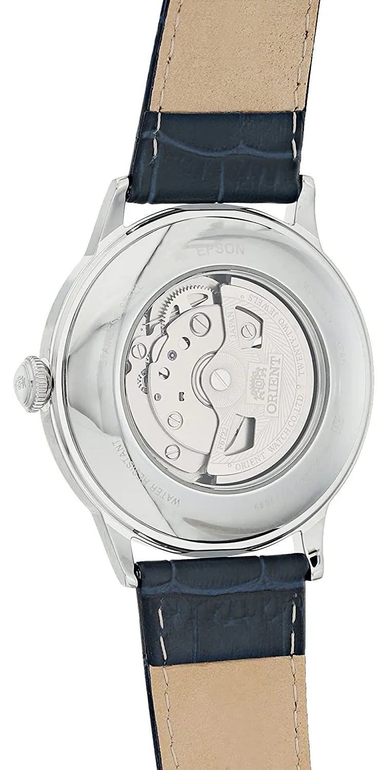 Orient Contemporary Classic Automatic Open Heart Blue Dial Blue Leather Strap Mens Watch RA-AG0005L10B