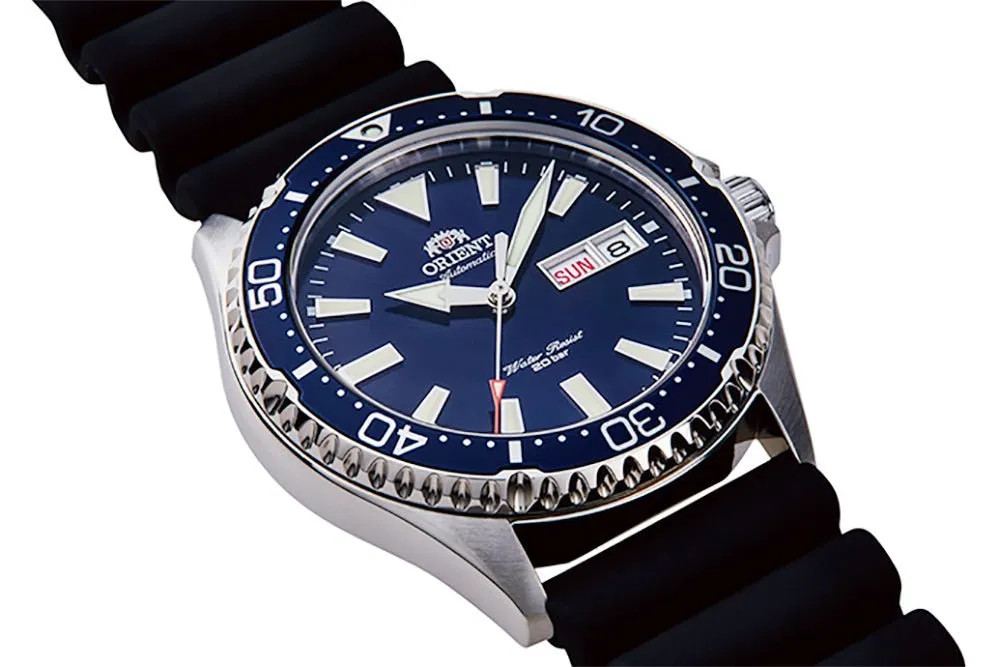 Orient Kamasu Automatic Black Silicone Strap Blue Dial Day-Date Divers Mens Watch RA-AA0006L19B