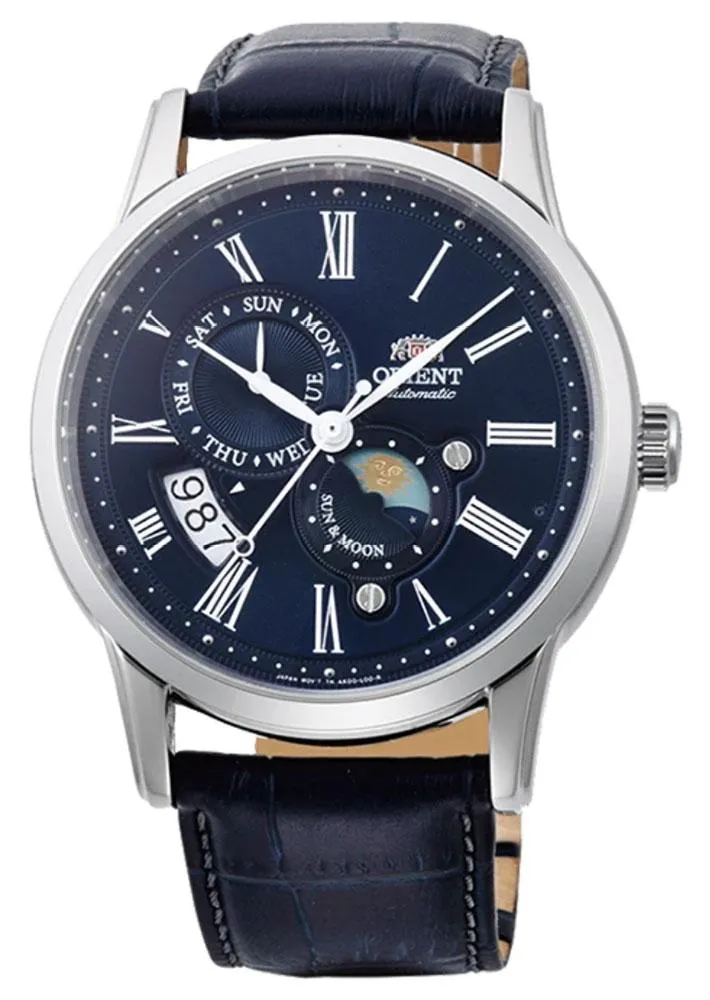 Orient Sun And Moon Version 3 Automatic Stainless Steel Blue Leather Strap Blue Dial Day-Date Mens Watch FAK00005D0
