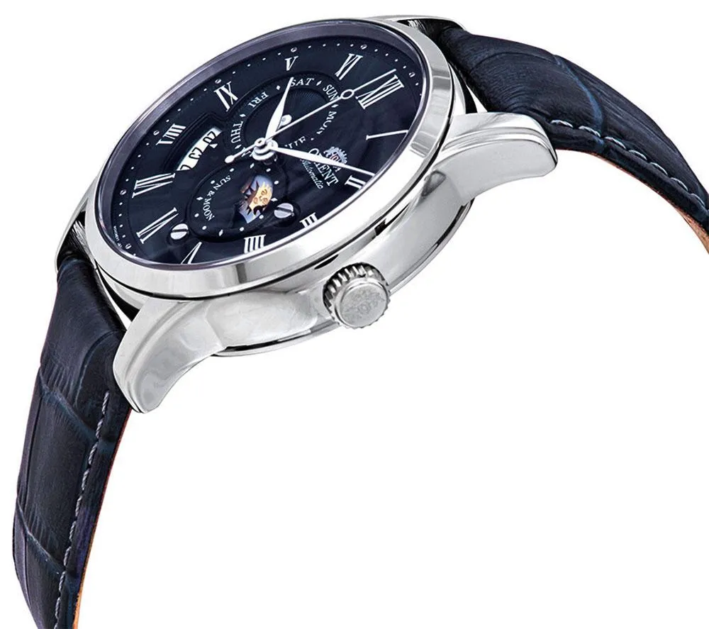 Orient Sun And Moon Version 3 Automatic Stainless Steel Blue Leather Strap Blue Dial Day-Date Mens Watch FAK00005D0