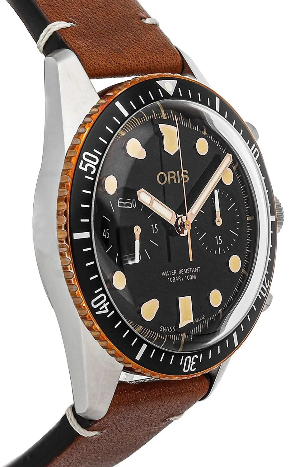 Oris Divers Sixty-Five Automatic Chronograph Stainless Steel Brown Leather Strap Black Dial Mens Watch 771 7744 4354-LS