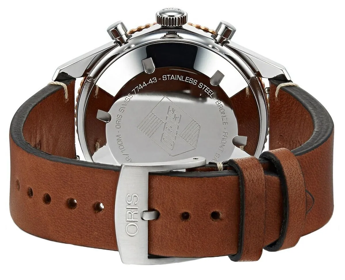 Oris Divers Sixty-Five Automatic Chronograph Stainless Steel Brown Leather Strap Black Dial Mens Watch 771 7744 4354-LS