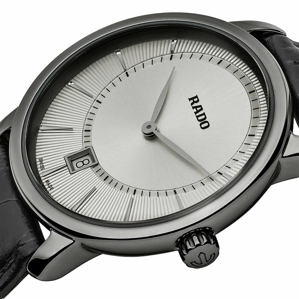Rado DiaMaster Plasma Ceramic Silver Dial Date Black Leather Strap Quartz Mens Watch R14135106