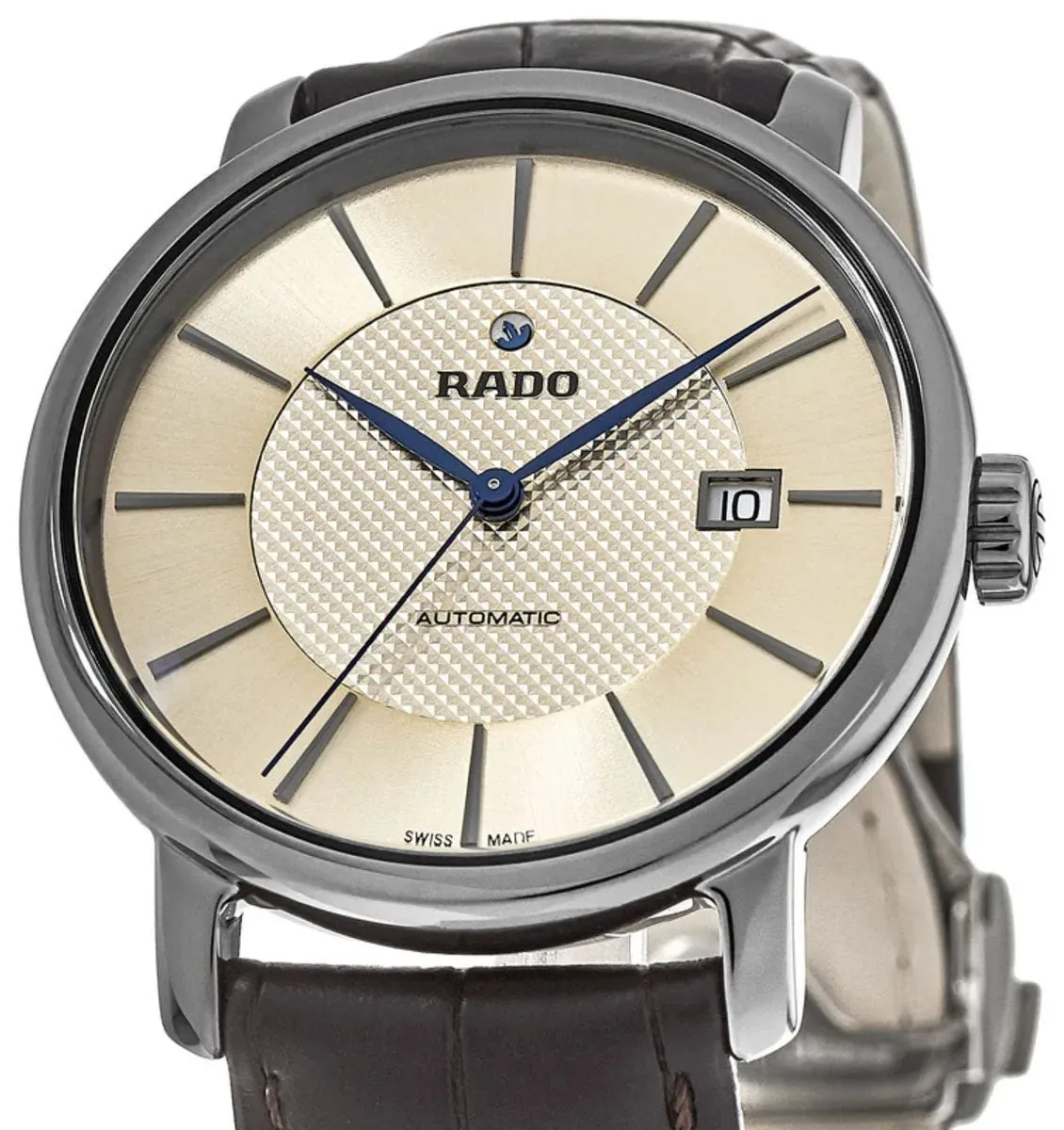 Rado DiaMaster XL Plasma High Tech Ceramic Automatic Champagne Dial Date Brown Strap Mens Watch R14074256