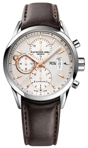 Raymond Weil Freelancer Automatic Chronograph Stainless Steel Silver Dial Brown Leather Day/Date Mens Watch 7730-STC-65025