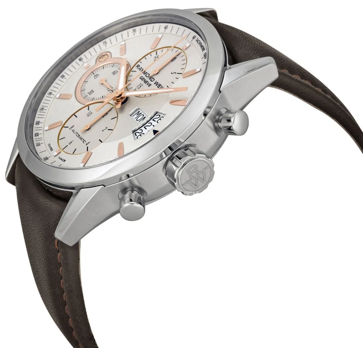 Raymond Weil Freelancer Automatic Chronograph Stainless Steel Silver Dial Brown Leather Day/Date Mens Watch 7730-STC-65025