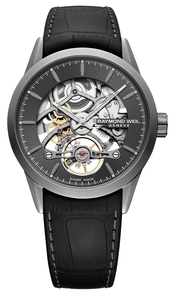 Raymond Weil Freelancer Automatic Stainless Steel Skeleton Dial Black Leather Strap Mens Watch 2785-TI1-60001