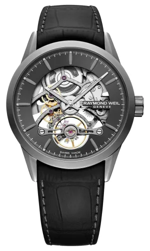 Raymond Weil Freelancer Automatic Stainless Steel Skeleton Dial Black Leather Strap Mens Watch 2785-TI1-60001