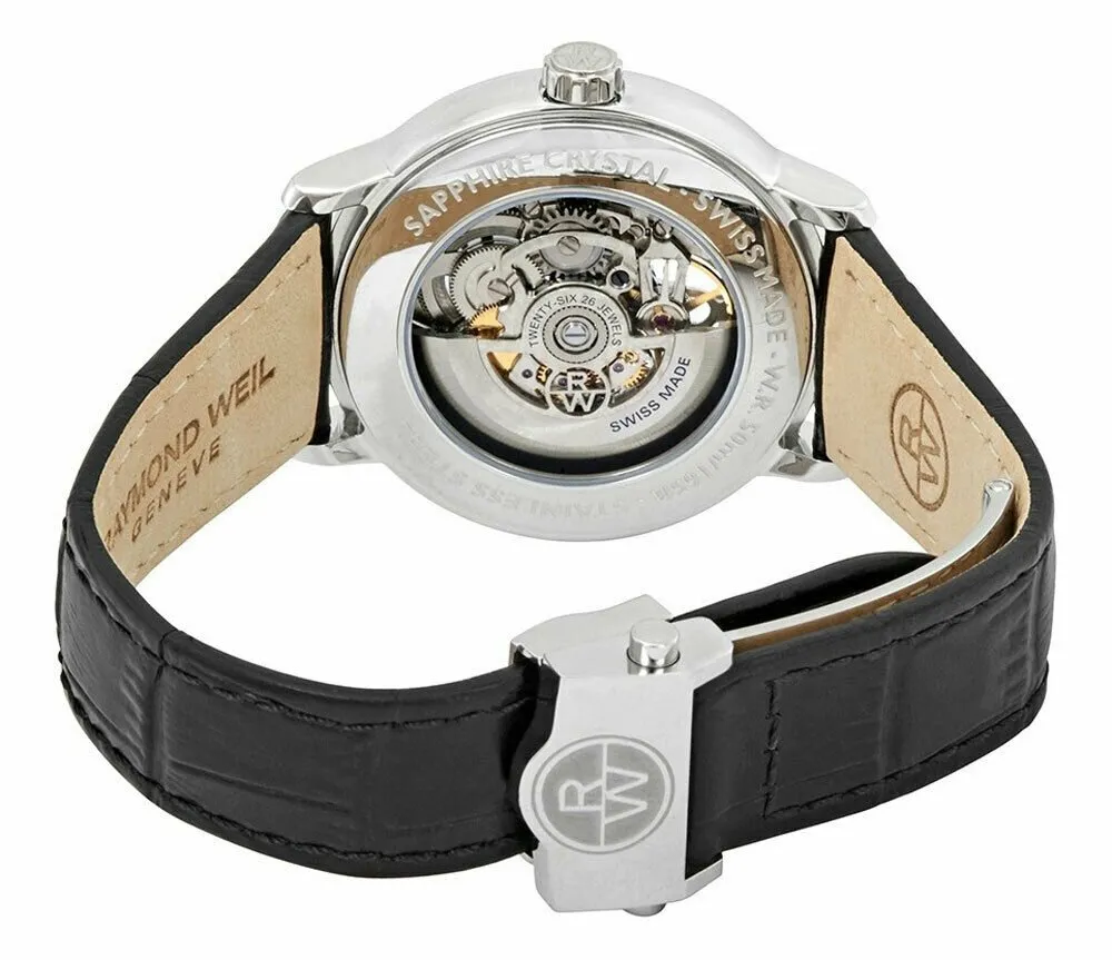 Raymond Weil Maestro Skeleton Dial Black Leather Strap Automatic Mens Watch 2215-STC-65001