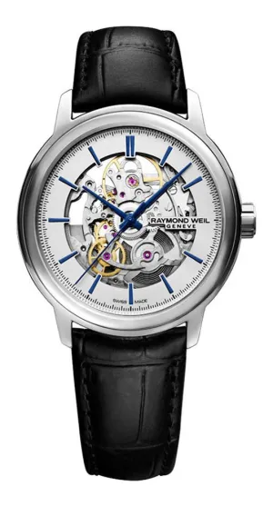 Raymond Weil Maestro Skeleton Dial Black Leather Strap Automatic Mens Watch 2215-STC-65001