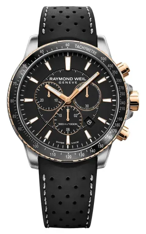 Raymond Weil Tango Chronograph Two-Tone Stainless Steel Black Dial Black Rubber Strap Date Divers Quartz Mens Watch 8570-R51-20001