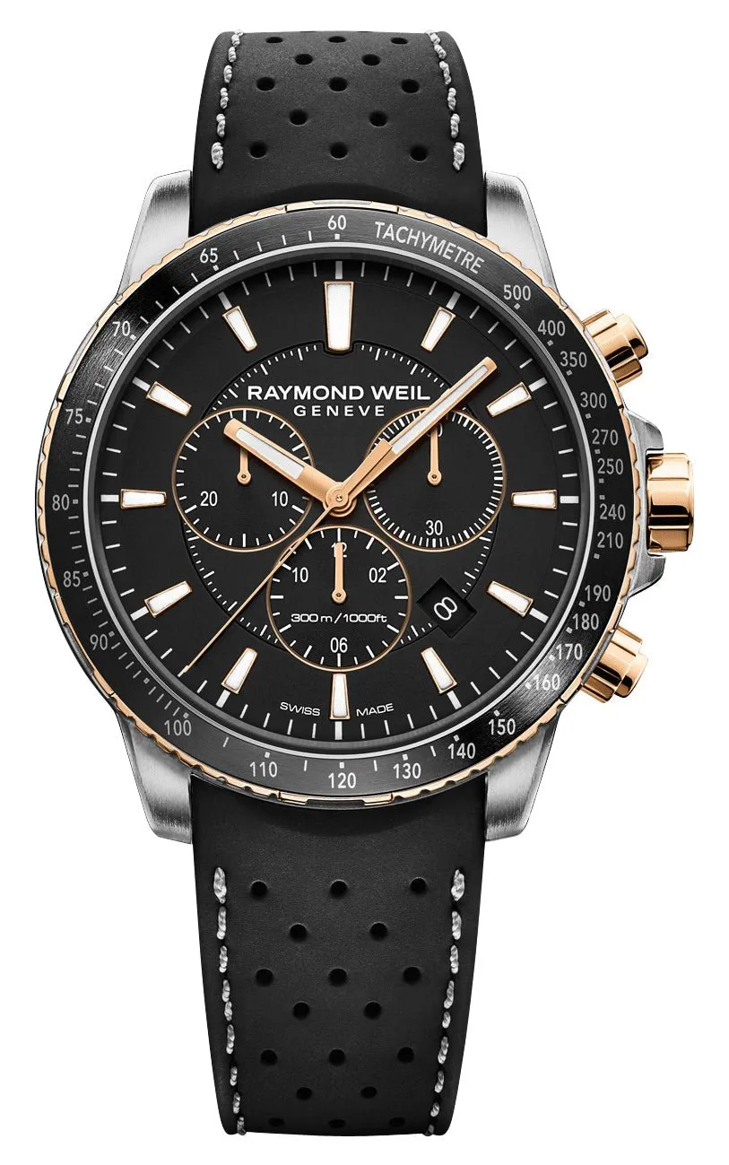 Raymond Weil Tango Chronograph Two-Tone Stainless Steel Black Dial Black Rubber Strap Date Divers Quartz Mens Watch 8570-R51-20001