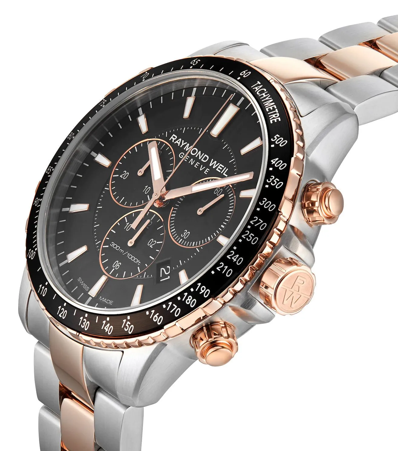 Raymond Weil Tango Chronograph Two-Tone Stainless Steel Black Dial Date Divers Quartz Mens Watch 8570-SP5-20001