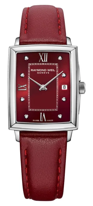 Raymond Weil Toccata Stainless Steel Burgundy Dial Burgundy Leather Strap Diamonds Date Quartz Womens Watch 5925-STC-00451