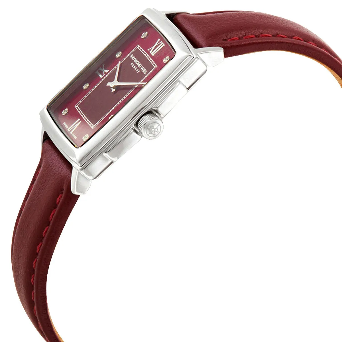 Raymond Weil Toccata Stainless Steel Burgundy Dial Burgundy Leather Strap Diamonds Date Quartz Womens Watch 5925-STC-00451