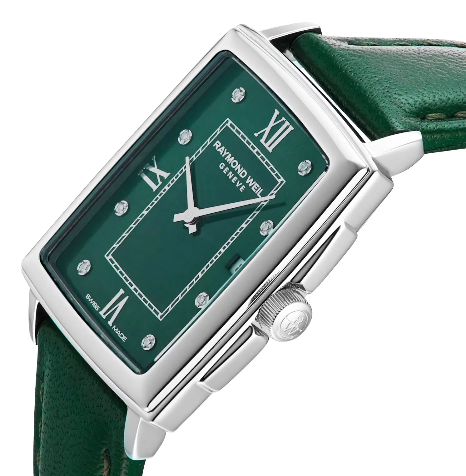 Raymond Weil Toccata Stainless Steel Green Dial Green Leather Strap Diamonds Date Quartz Womens Watch 5925-STC-00521